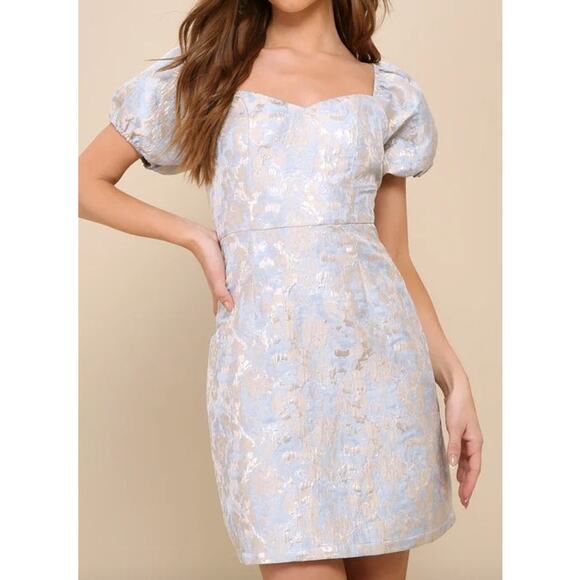 Lulus Cutest Praise Light Blue Floral Jacquard Puff Sleeve Mini Dress Size S